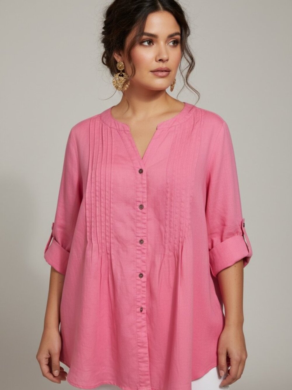 Chaus Sport Pink 100% Linen Tunic Blouse Pleated V-Neck Button Down Shirt XL